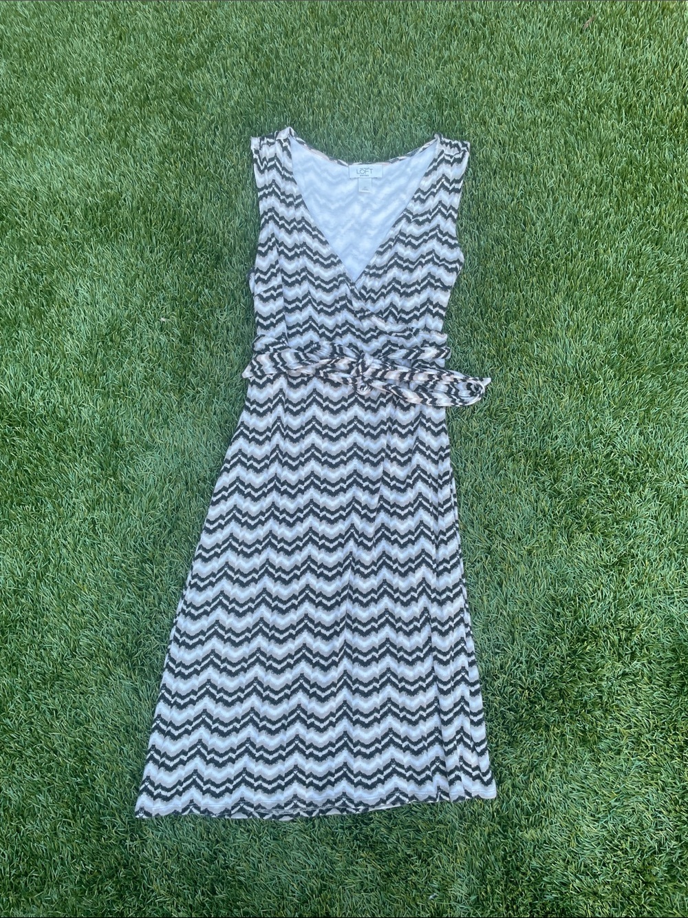 LOFT Black and White Chevron Midi Wrap Dress